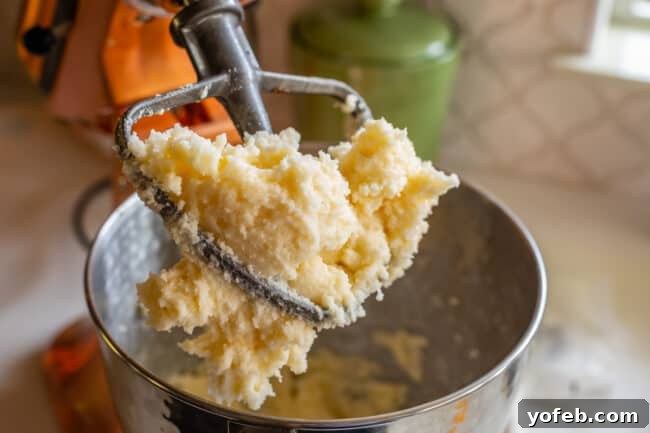 Creamed butter and sugar on the paddle attachment of a stand mixer, indicating the first step in making cookie dough.