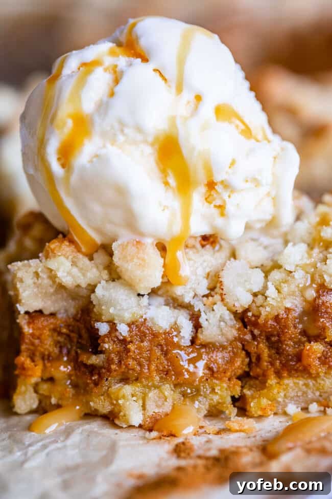 Buttery Pumpkin Spice Bars 2 Indulgent Pumpkin Pie Bars topped with creamy vanilla ice cream and a decadent caramel sauce drizzle, ready for a delightful fall treat.