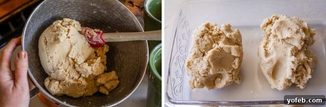 Buttery Pumpkin Spice Bars 11 Rich shortbread dough in a mixing bowl, beside two portions of the dough shaped into balls in a glass baking pan, ready for pressing.