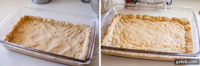 Buttery Pumpkin Spice Bars 12 Shortbread dough meticulously pressed into a baking pan, then showcased after being baked to a perfect golden brown, ready for the next layer.