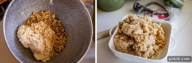 Buttery Pumpkin Spice Bars 13 Reserved shortbread dough in a white bowl, freshly mixed with chopped walnuts, ready for chilling before being crumbled onto the bars.