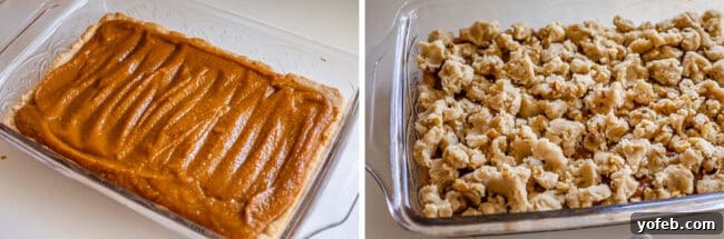 Buttery Pumpkin Spice Bars 15 Creamy pumpkin filling spread over the golden baked crust, then topped generously with chunks of the walnut-infused shortbread crumble, ready for the final bake.