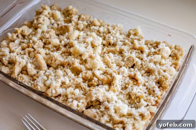 Buttery Pumpkin Spice Bars 17 A baking pan filled with unbaked pumpkin pie bars, generously topped with streusel, poised for the oven to transform into a golden, autumnal dessert.