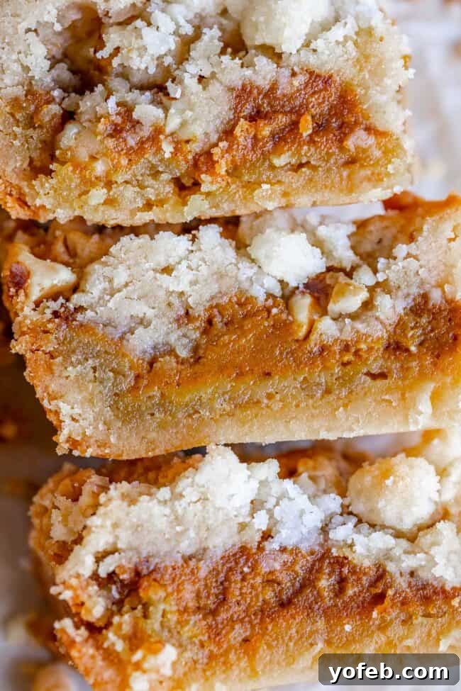 Buttery Pumpkin Spice Bars 19 A close-up stack of pumpkin pie bars, highlighting their inviting texture and distinct layers of shortbread, pumpkin, and streusel.