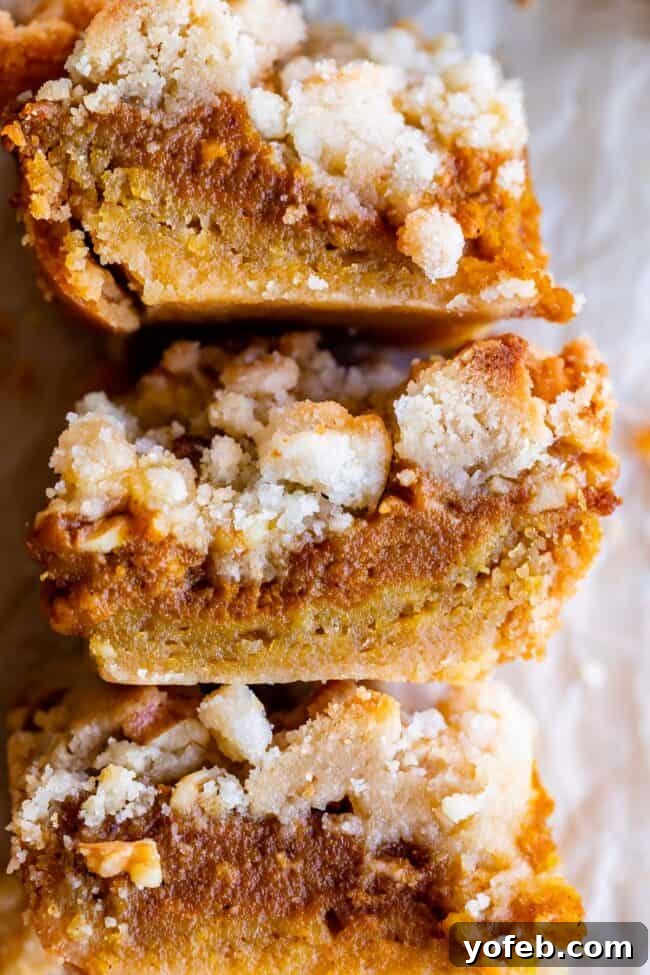 Buttery Pumpkin Spice Bars 4 Several perfectly cut pumpkin pie bars, revealing layers of thick shortbread crust, spiced pumpkin filling, and crumbly streusel topping, stacked artistically.
