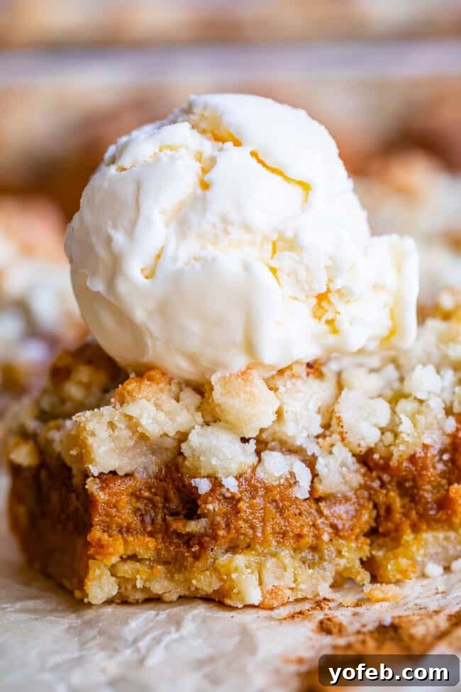Buttery Pumpkin Spice Bars 7 A generous serving of pumpkin pie bar, boasting a crunchy streusel, topped with a melting scoop of vanilla ice cream, promising a delightful texture contrast.