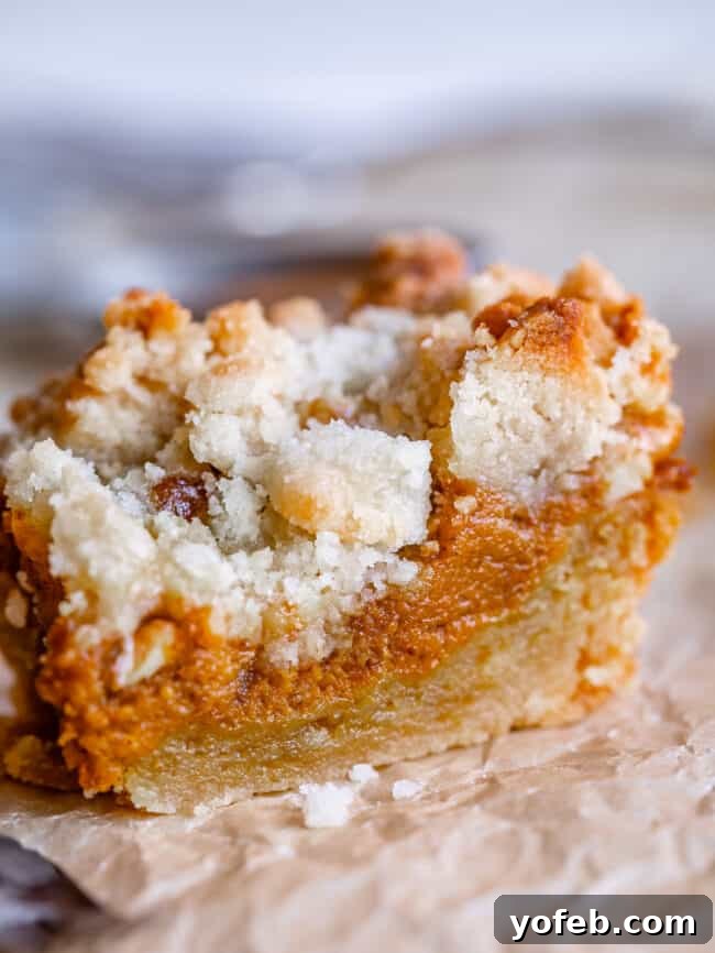 Buttery Pumpkin Spice Bars 10 A perfectly baked pumpkin pie bar with a golden streusel topping, sitting on parchment paper, highlighting its inviting texture.