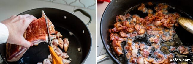 Effortless Bacon and Spinach Quiche 12 Two sequential images show bacon preparation. On the left, bacon is being cut directly into a pan with scissors. On the right, the same bacon is cooked and crispy in a skillet.