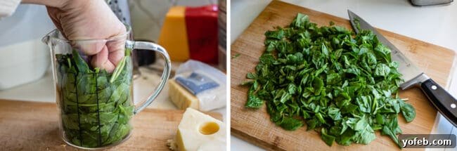 Effortless Bacon and Spinach Quiche 13 Two images depict spinach preparation: on the left, fresh spinach is packed into a glass measuring cup; on the right, the spinach is being chopped on a cutting board.