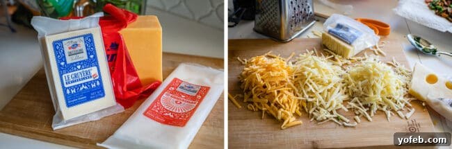 Effortless Bacon and Spinach Quiche 14 Two images illustrating cheese preparation. On the left, three blocks of cheese—Gruyere, Cheddar, and Swiss—are arranged on a cutting board. On the right, all three cheeses are freshly shredded, ready for use.