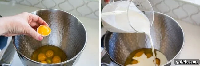 Effortless Bacon and Spinach Quiche 15 Two images depicting egg and cream mixture. On the left, an egg is being separated into a stand mixer bowl. On the right, heavy cream is being poured into the same bowl, joining the eggs.