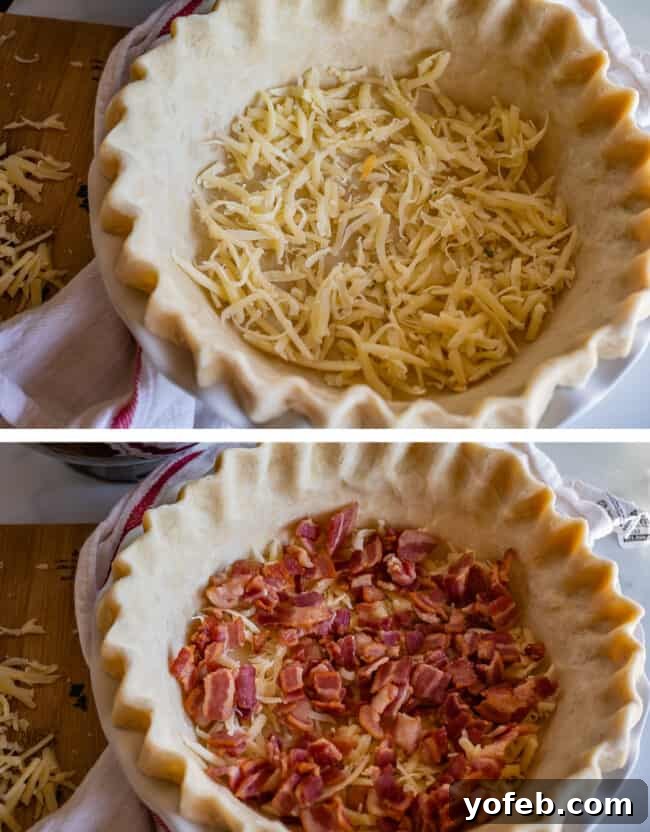 Effortless Bacon and Spinach Quiche 16 Two images of an unbaked quiche. On the left, a pie shell is layered with Swiss cheese. On the right, it's topped with cooked bacon, ready for the next layer of filling.