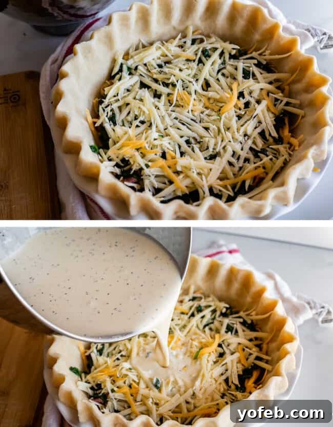 Effortless Bacon and Spinach Quiche 18 Two images demonstrating the final assembly of an unbaked quiche. On the left, the pie pan is filled with layers of cheese. On the right, the rich egg and cream mixture is being poured over the cheese, filling the crust.