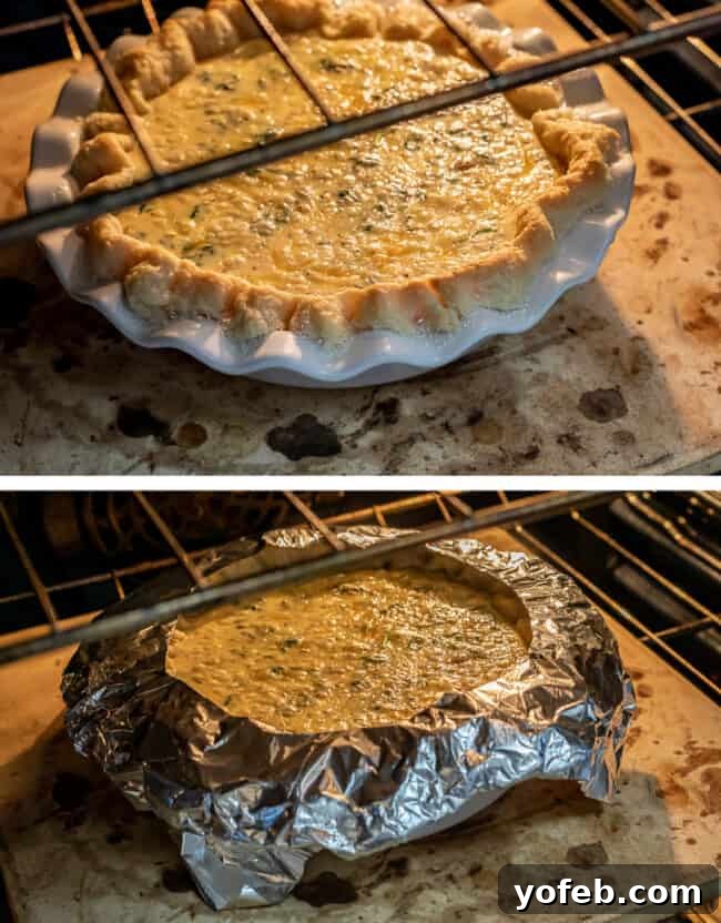 Effortless Bacon and Spinach Quiche 20 Two images showcasing the baking process of quiche. On the left, an unbaked quiche sits on a baking stone inside the oven. On the right, the edges of the crust are covered with tin foil to prevent burning.