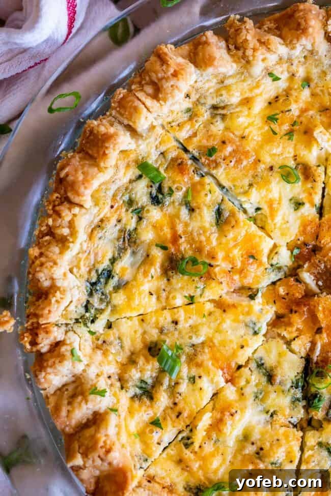 Effortless Bacon and Spinach Quiche 3 An overhead view of a rich, golden-brown ham and cheese quiche, showcasing its rustic pie crust and a sprinkle of vibrant green onions.
