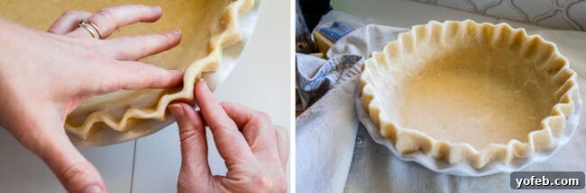 Effortless Bacon and Spinach Quiche 10 Two images illustrating pie crust preparation. On the left, fingers are actively crimping pie dough. On the right, a finished, crimped pie shell rests in a white pan, ready for filling.