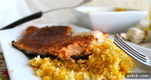 Fiery Moroccan Salmon with Cooling Sriracha Yogurt 6 Close-up of perfectly cooked Moroccan spiced salmon on a plate, ready to serve
