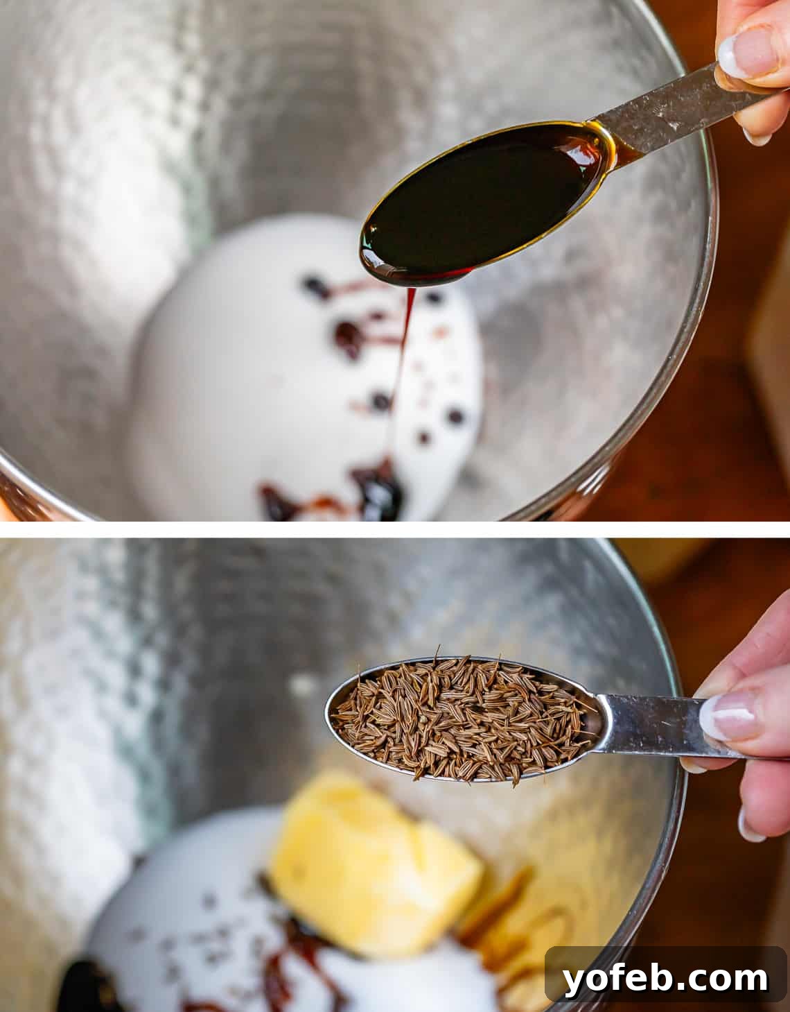 Grandma Prudy's Heirloom Rye Loaf 13 Molasses being poured into a mixing bowl, followed by caraway seeds, adding rich flavor to the rye bread dough.
