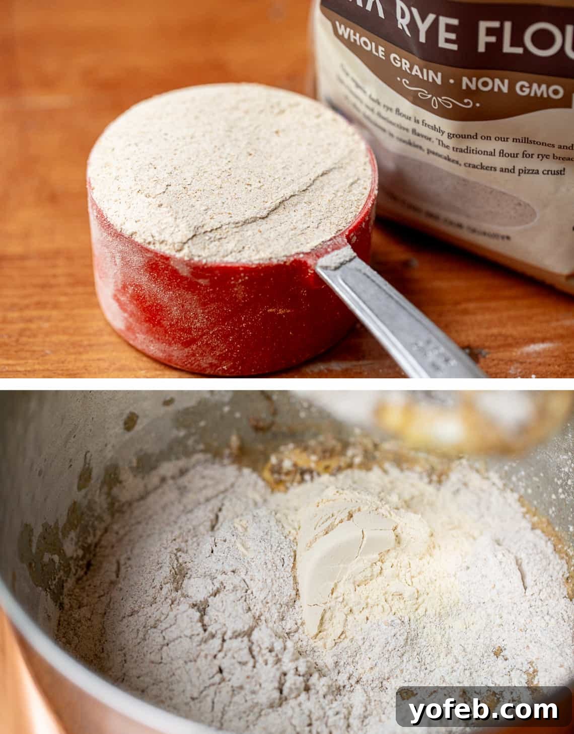 Grandma Prudy's Heirloom Rye Loaf 14 Measuring rye flour in a dry measuring cup, then adding it into the mixing bowl.