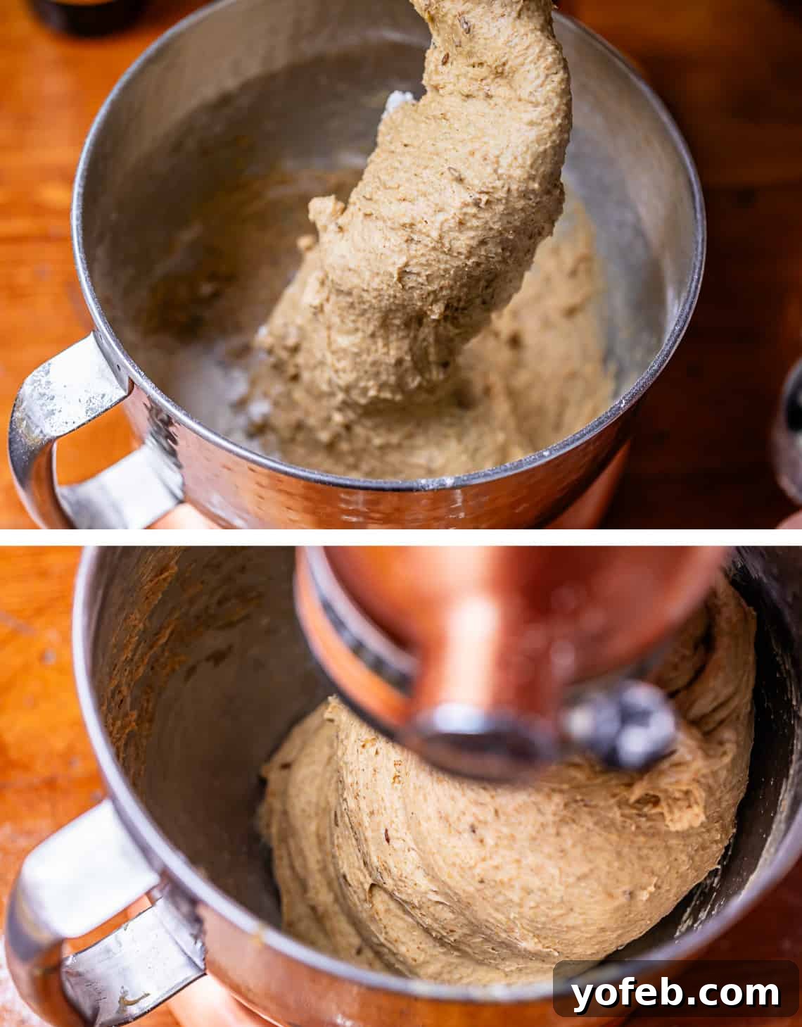 Grandma Prudy's Heirloom Rye Loaf 16 Stand mixer head lifted, then lowered, showing the dough cleaning the sides of the bowl during mixing.