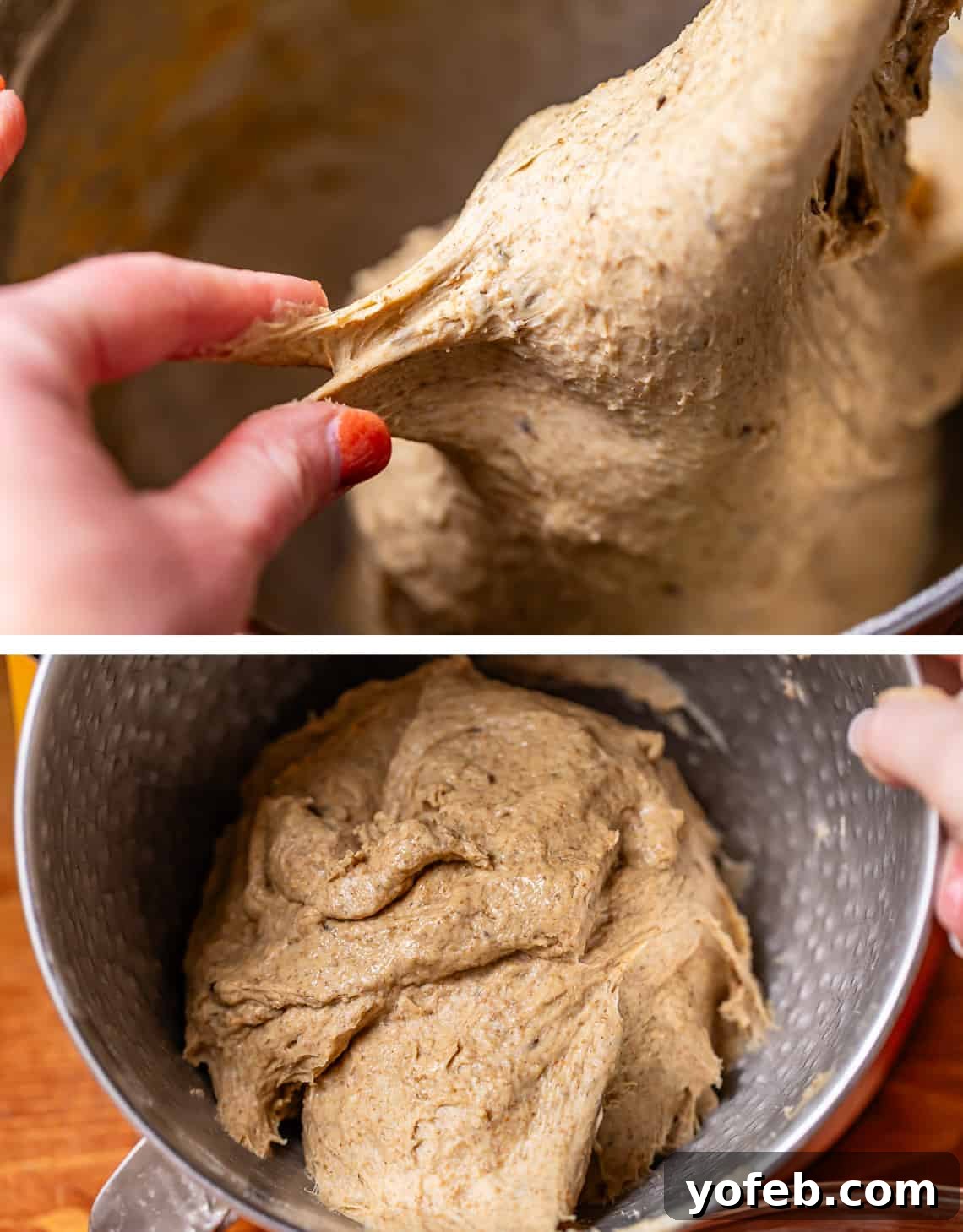 Grandma Prudy's Heirloom Rye Loaf 17 Close-up of sticky dough in the mixing bowl after kneading, showing it adheres to fingers.
