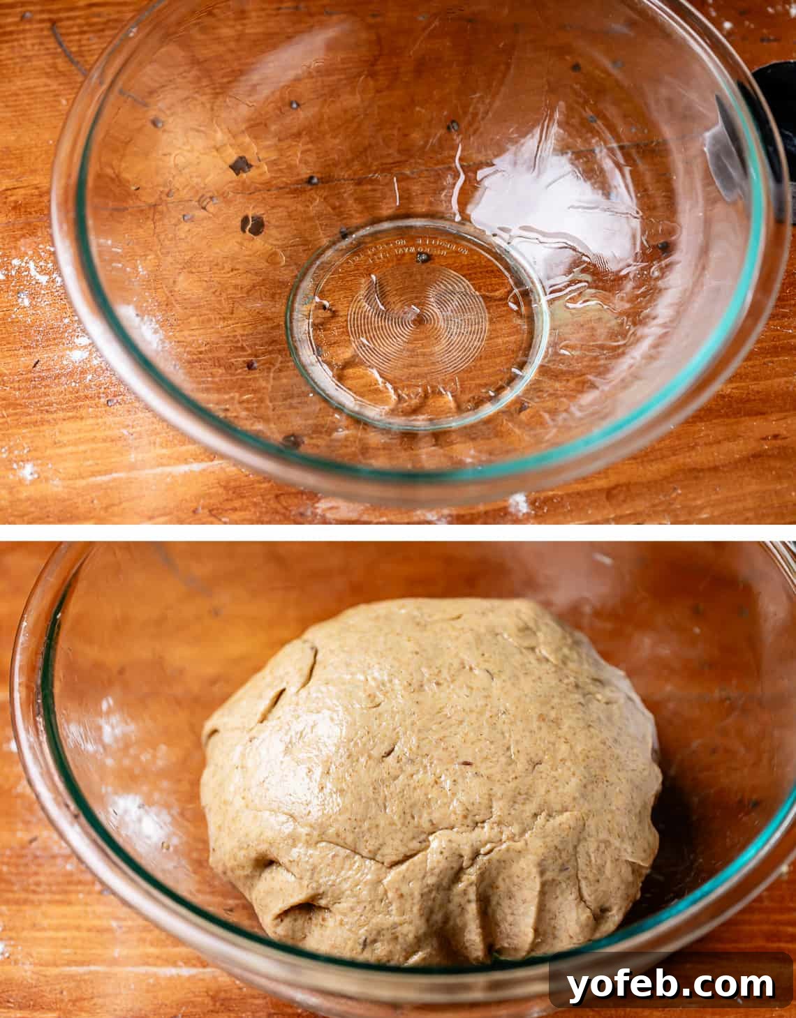 Grandma Prudy's Heirloom Rye Loaf 18 An oiled glass bowl, with the rounded dough added and coated in oil, prepared for rising.