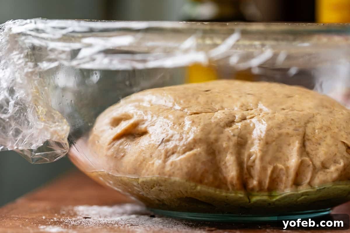 Grandma Prudy's Heirloom Rye Loaf 19 Dough ball nestled in an oiled glass bowl, loosely covered with plastic wrap for its first rise.
