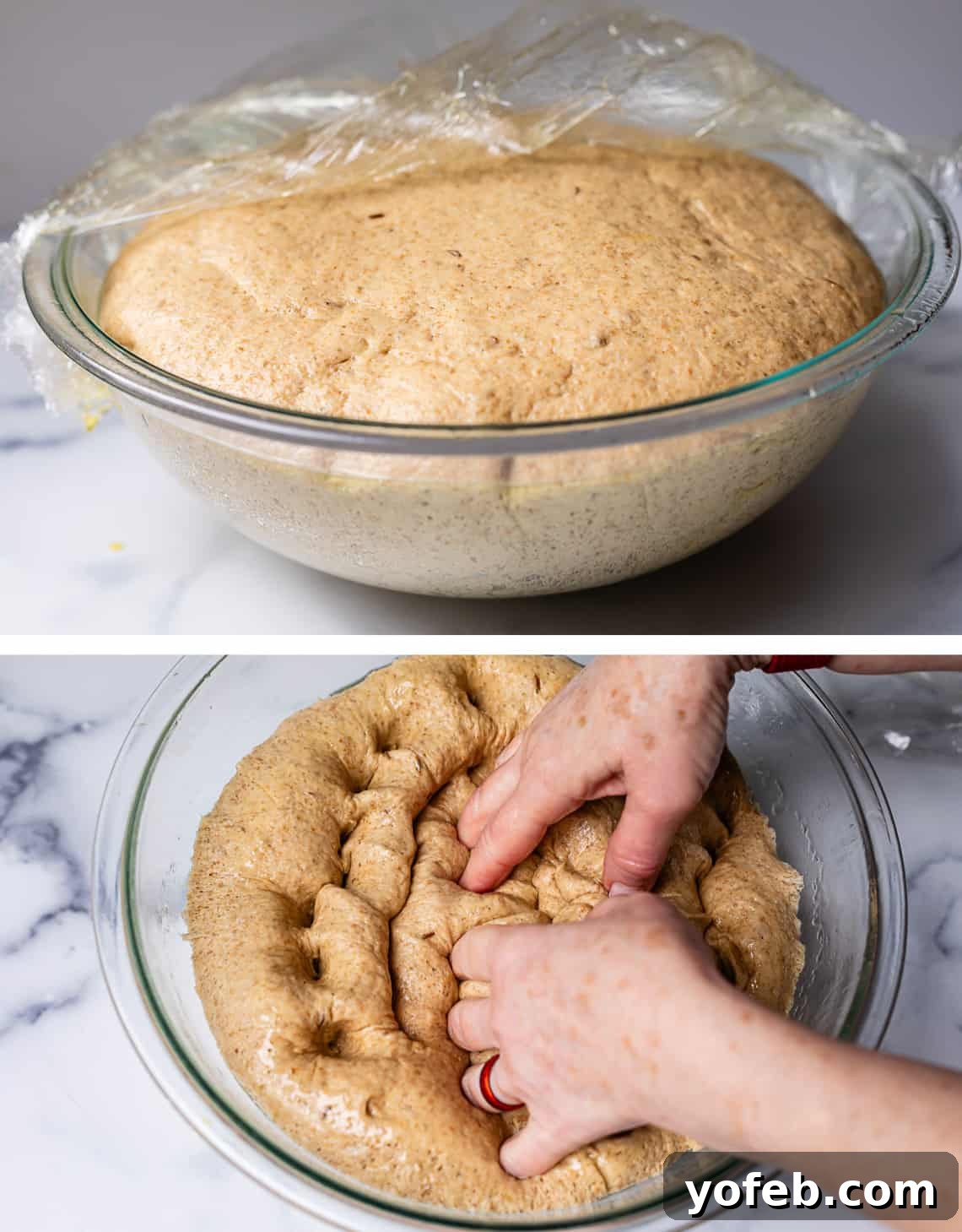 Grandma Prudy's Heirloom Rye Loaf 20 Risen dough in a glass bowl after the first rise, with fingers gently pressing it down.