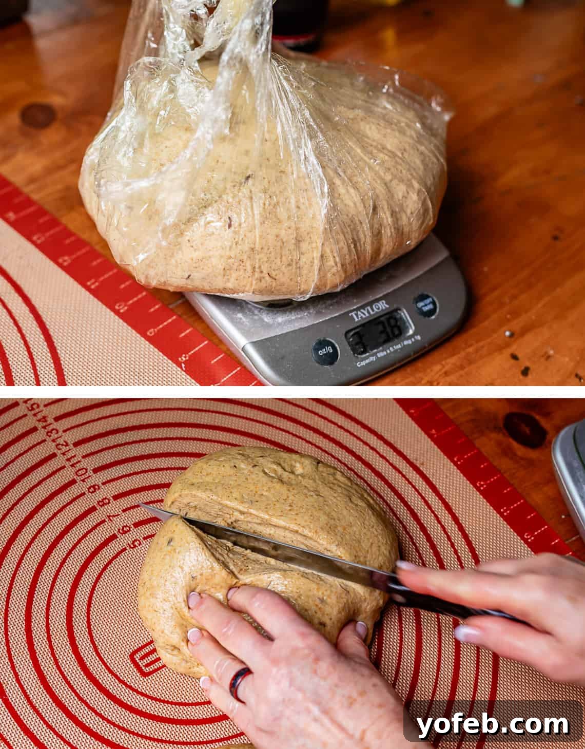 Grandma Prudy's Heirloom Rye Loaf 23 Weighing dough wrapped in plastic on a scale, then cutting it into equal portions with a knife.