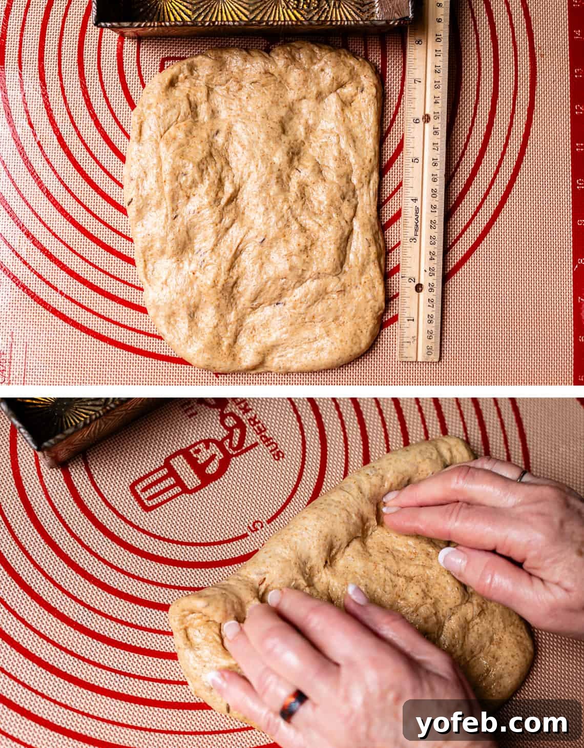 Grandma Prudy's Heirloom Rye Loaf 24 Measuring rolled out dough for consistency, then beginning the delicate roll-pinch shaping technique.
