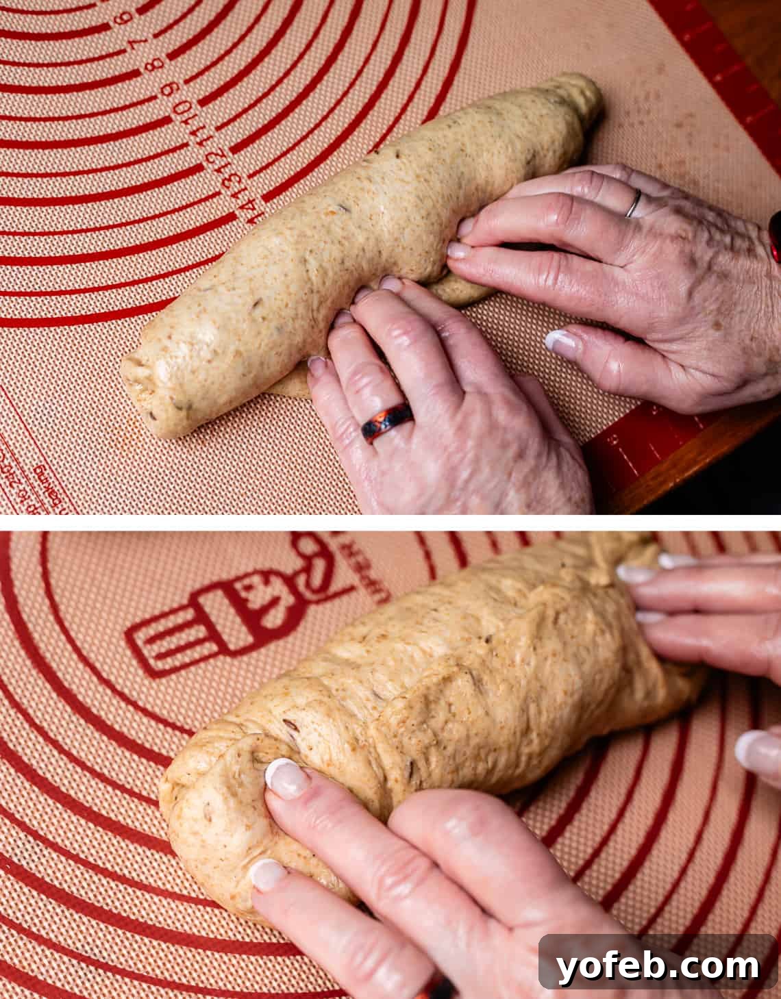 Grandma Prudy's Heirloom Rye Loaf 25 Finishing the rolling of a dough loaf, then carefully folding in the ends for a smooth finish.