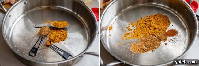 Flavorful Chicken Curry Made Easy 11 toasting spices in a pan, curry powder, garam masala, cayenne.