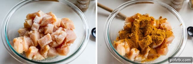 Flavorful Chicken Curry Made Easy 12 salted raw chicken in a bowl, chicken with spices on it.