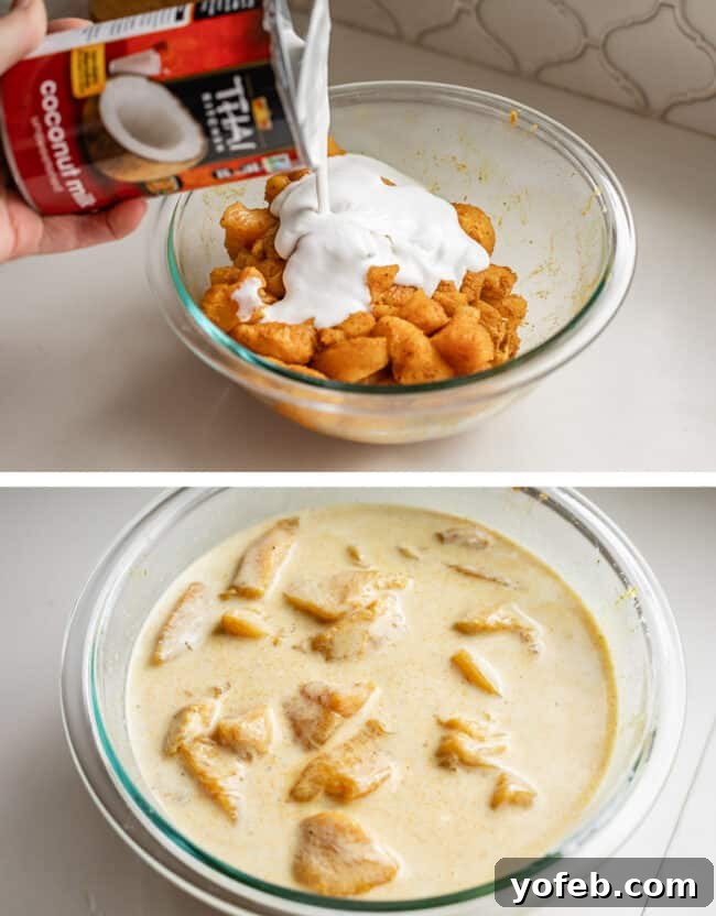 Flavorful Chicken Curry Made Easy 13 adding coconut milk to a bowl of raw spiced chicken, marinating chicken in a bowl.