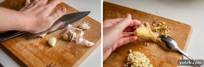 Flavorful Chicken Curry Made Easy 14 smashing garlic with a knife, peeling ginger with a spoon.