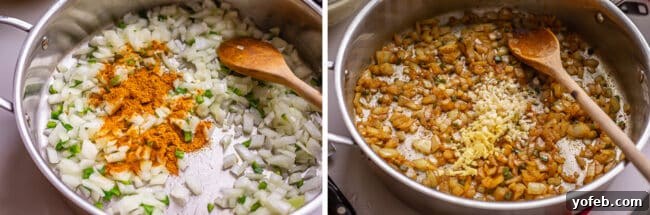 Flavorful Chicken Curry Made Easy 16 adding spices to sauteing onions, adding ginger and garlic.