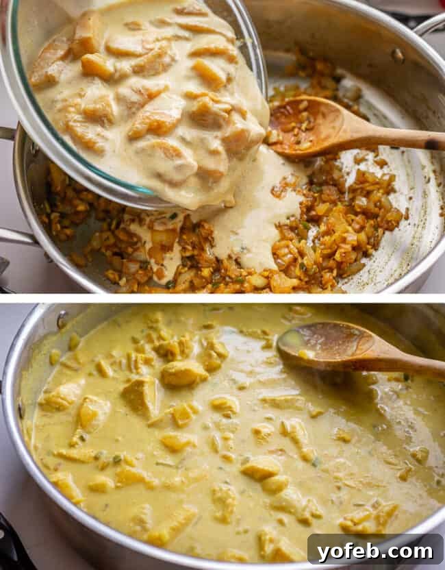 Flavorful Chicken Curry Made Easy 17 adding marinated chicken to a pan, completed curry.