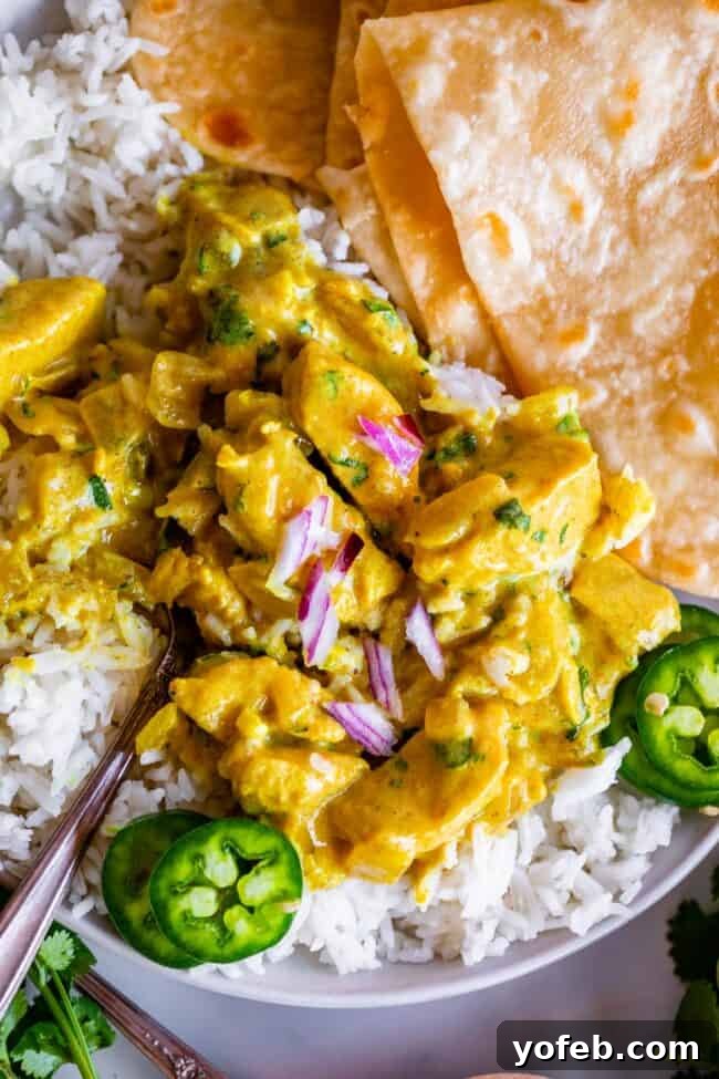 Flavorful Chicken Curry Made Easy 19 overhead shot of chicken curry on rice garnished with red onion and jalapeno.