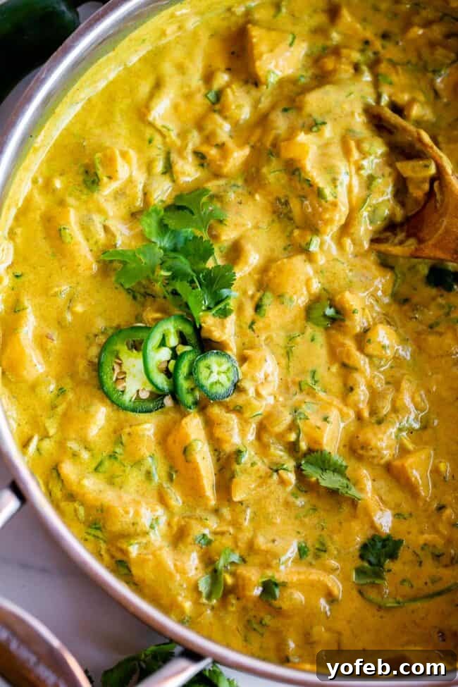 Flavorful Chicken Curry Made Easy 4 chicken curry recipe in a pan topped with jalapeno and cilantro.