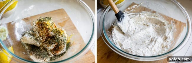 Ultimate Cheesy Spinach Artichoke Dip 11 A bowl containing cream cheese and mayonnaise, topped with a colorful array of spices, minced garlic, and fresh lemon zest.