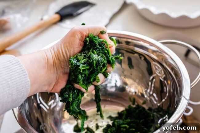 Ultimate Cheesy Spinach Artichoke Dip 14 Hands vigorously squeezing excess water from thawed spinach over a colander in a kitchen sink.