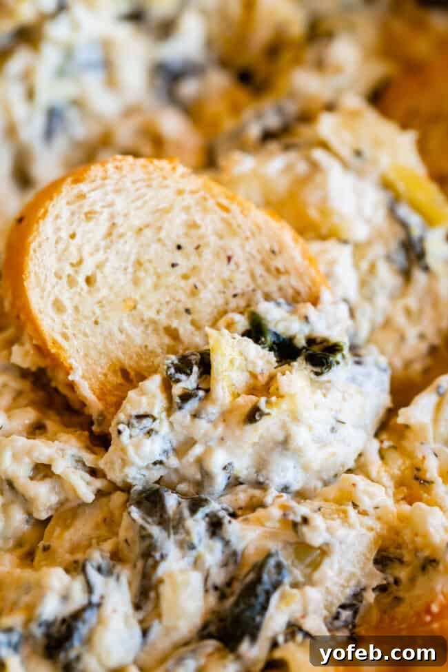 Ultimate Cheesy Spinach Artichoke Dip 5 Toasted bread being dipped into a luscious bowl of easy spinach artichoke dip, showing its creamy texture.