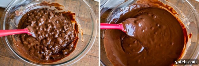Loaded Chunky Chex Muddy Buddies 12 Stirring melted chocolate, peanut butter, and butter together in a glass bowl to create a smooth, rich coating for Muddy Buddies.