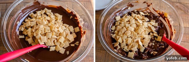 Loaded Chunky Chex Muddy Buddies 13 Adding Rice Chex cereal gradually to a bowl of melted chocolate and peanut butter, stirring to ensure even coating for Muddy Buddies.