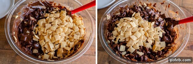 Loaded Chunky Chex Muddy Buddies 14 Adding dry Chex cereal to a bowl of chocolate peanut butter mixture, ensuring each piece is fully coated.