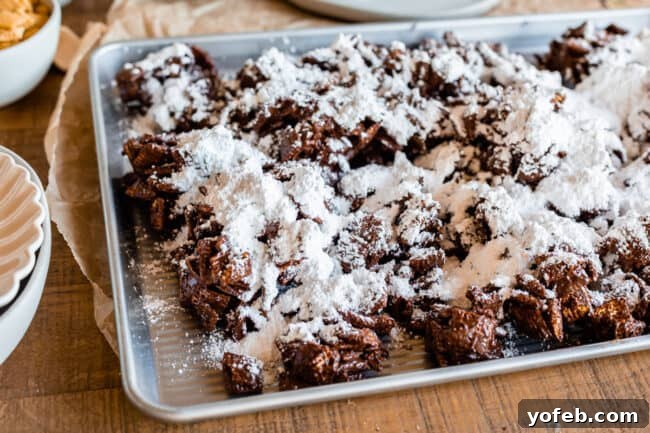 Loaded Chunky Chex Muddy Buddies 17 Sprinkling powdered sugar generously over chocolate-covered Chex cereal on a baking sheet to create Muddy Buddies.