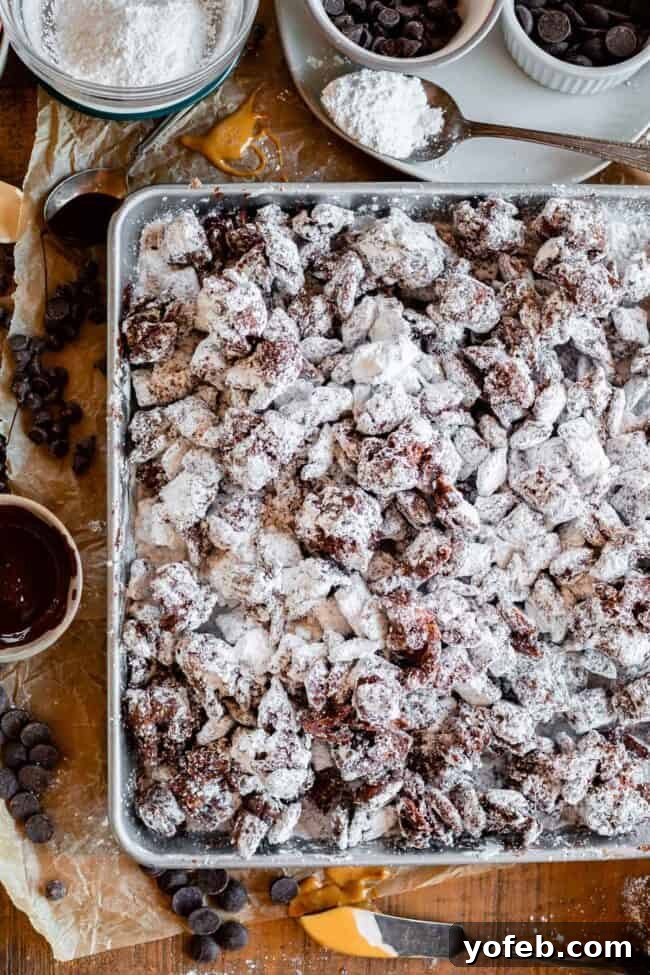 Loaded Chunky Chex Muddy Buddies 18 Overhead view of puppy chow with a generous dusting of powdered sugar spread out on a baking sheet, ready for serving.