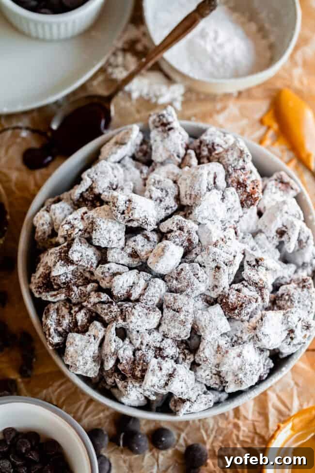 Loaded Chunky Chex Muddy Buddies 5 A large white bowl brimming with freshly made puppy chow, featuring generous coatings of chocolate, peanut butter, and powdered sugar.