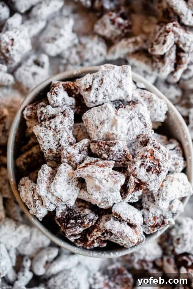 Loaded Chunky Chex Muddy Buddies 7 A white bowl filled with freshly prepared Muddy Buddies (Puppy Chow), showcasing the sugary coating and varied pieces.