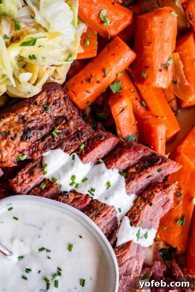 Fiery Homemade Horseradish Sauce 4 horseradish sauce for corned beef spread over slices, with carrots.